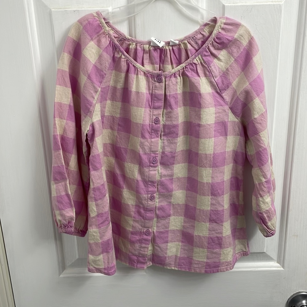 Girls pink and cream checkered long sleeve scoop neck button up size medium